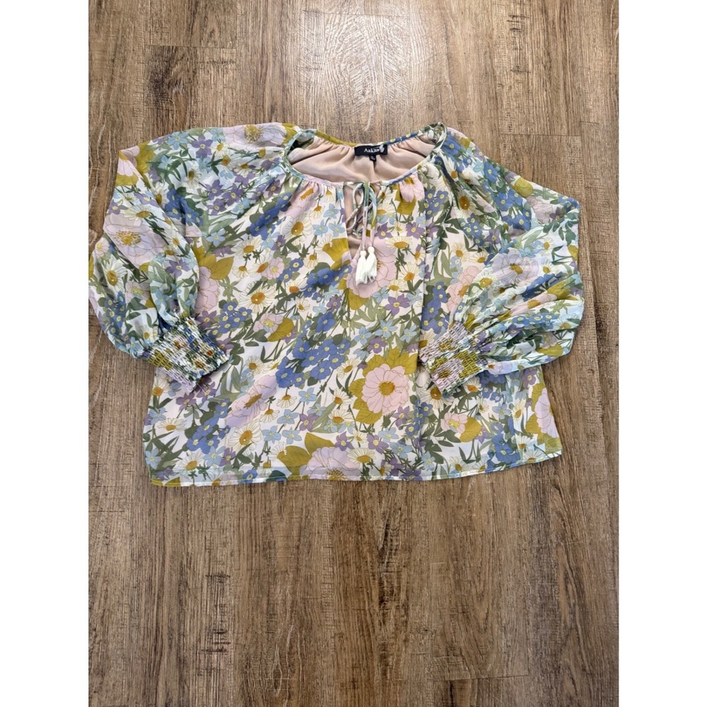 Aakaa Floral Long Sleeve Blouse Large Boho Keyhole Tassel Smocked CuffWildflower